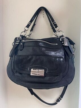 Coach Black Leather Shoulder Satchel with Silver Hardware